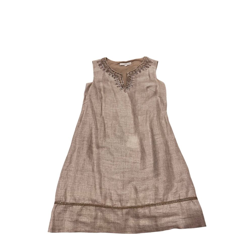 LOFT 100% Linen Shift Dress Beaded Neckline Taupe Sleeveless Size 4
